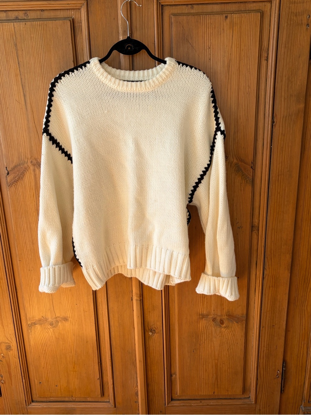 Cream Crewneck Sweater with Black Contrast Stitching